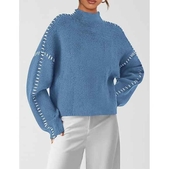 Prettygarden Women's Blue Fall Long Sleeve Mock Neck Oversized Chunky Sweaters - Picture 5 of 8